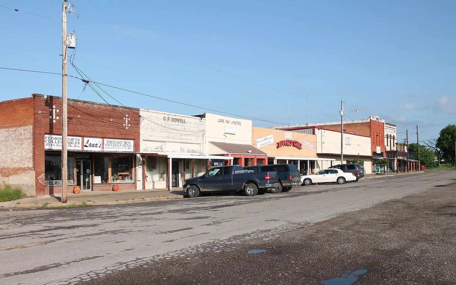 Historic storefronts in downtown Lone Oak, Texas