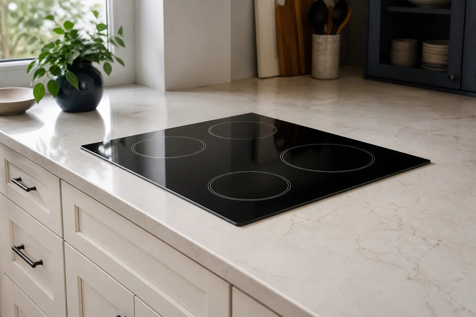 Black glass electric cooktop installed in a residential kitchen counter
