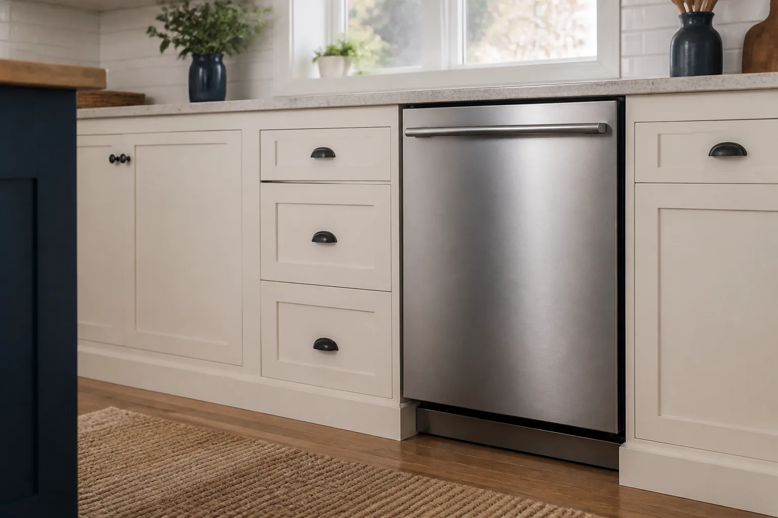 Stainless steel built-in dishwasher in a residential kitchen