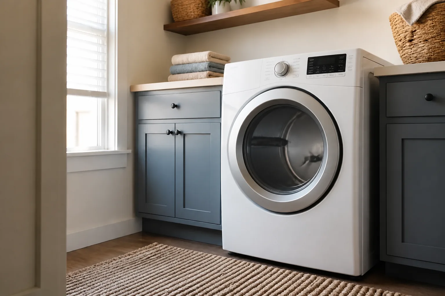 White front-load clothes dryer in a residential laundry room