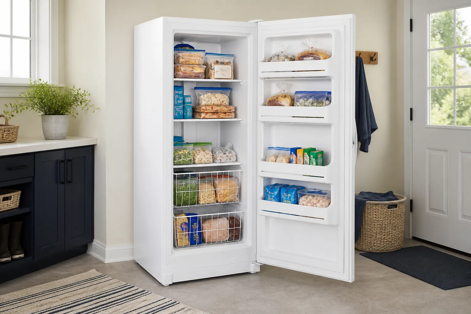 Open white upright freezer with organized frozen food in a home utility room
