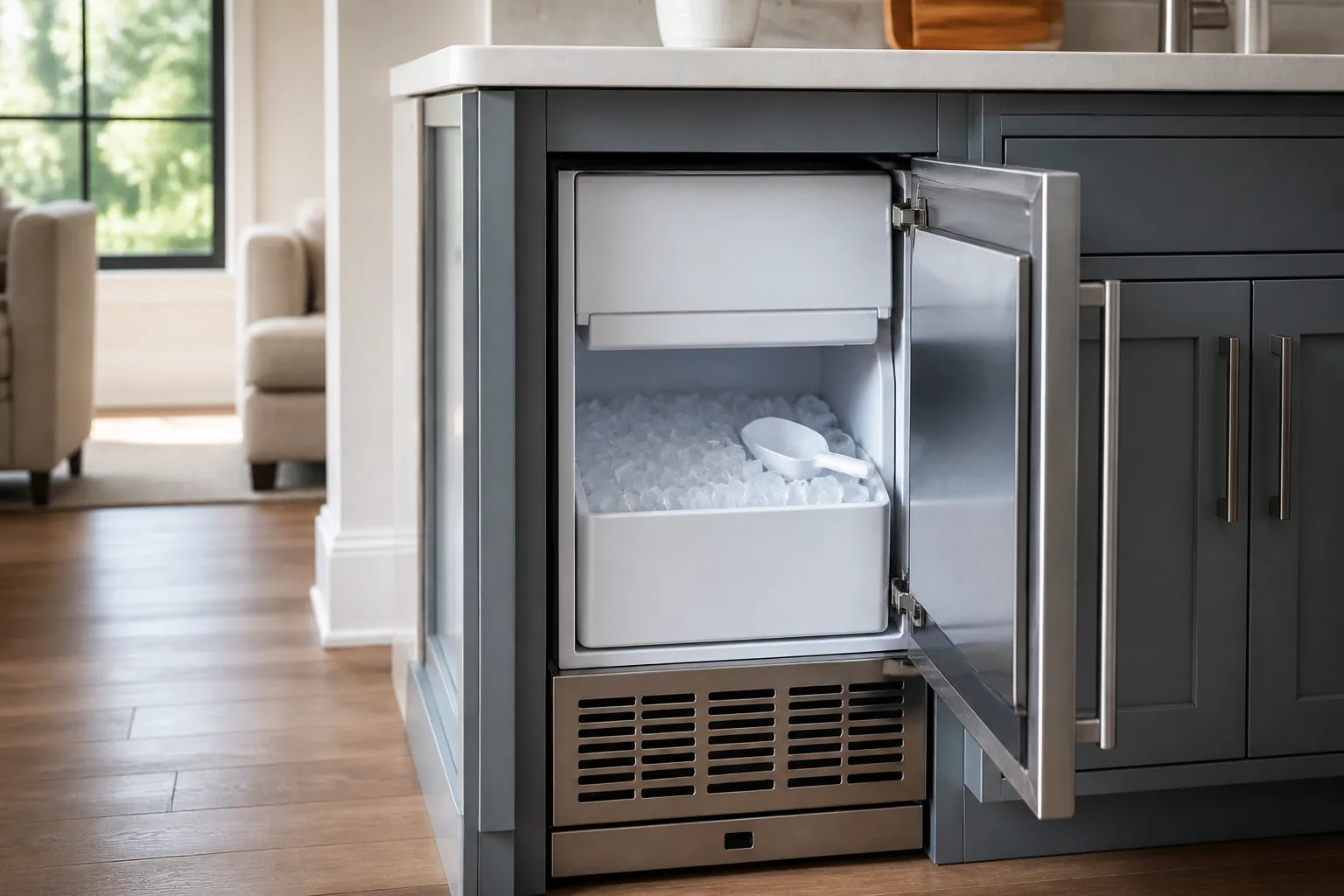 Residential undercounter ice maker with a bin of clear ice