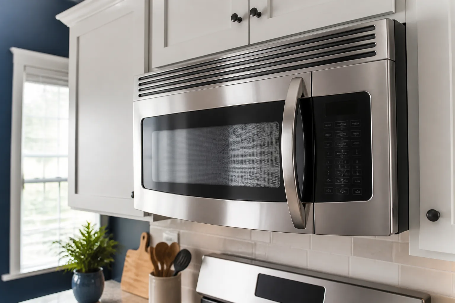 Stainless steel over-the-range microwave in a residential kitchen