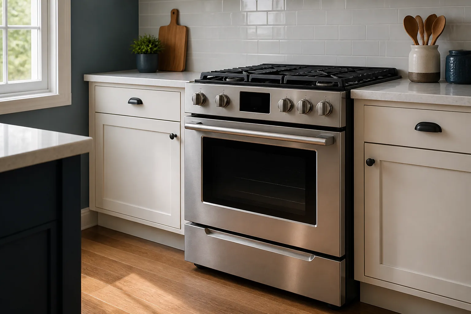 Stainless steel freestanding stove and range in a residential kitchen