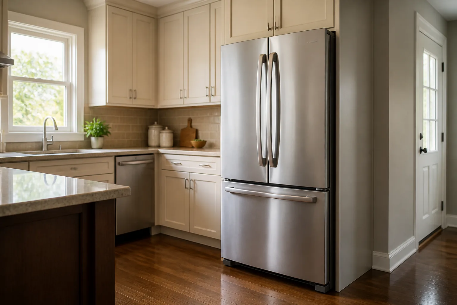 Stainless steel French-door refrigerator in a residential kitchen