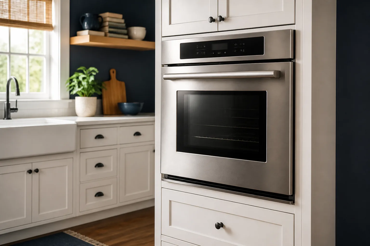 Stainless steel built-in wall oven in a residential kitchen