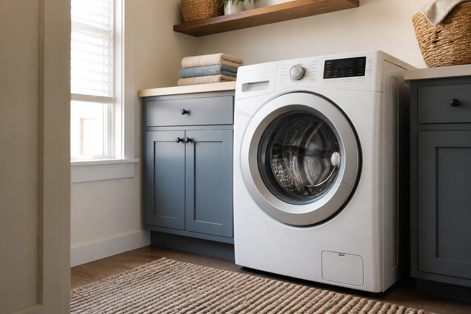 White front-load washing machine in a residential laundry room