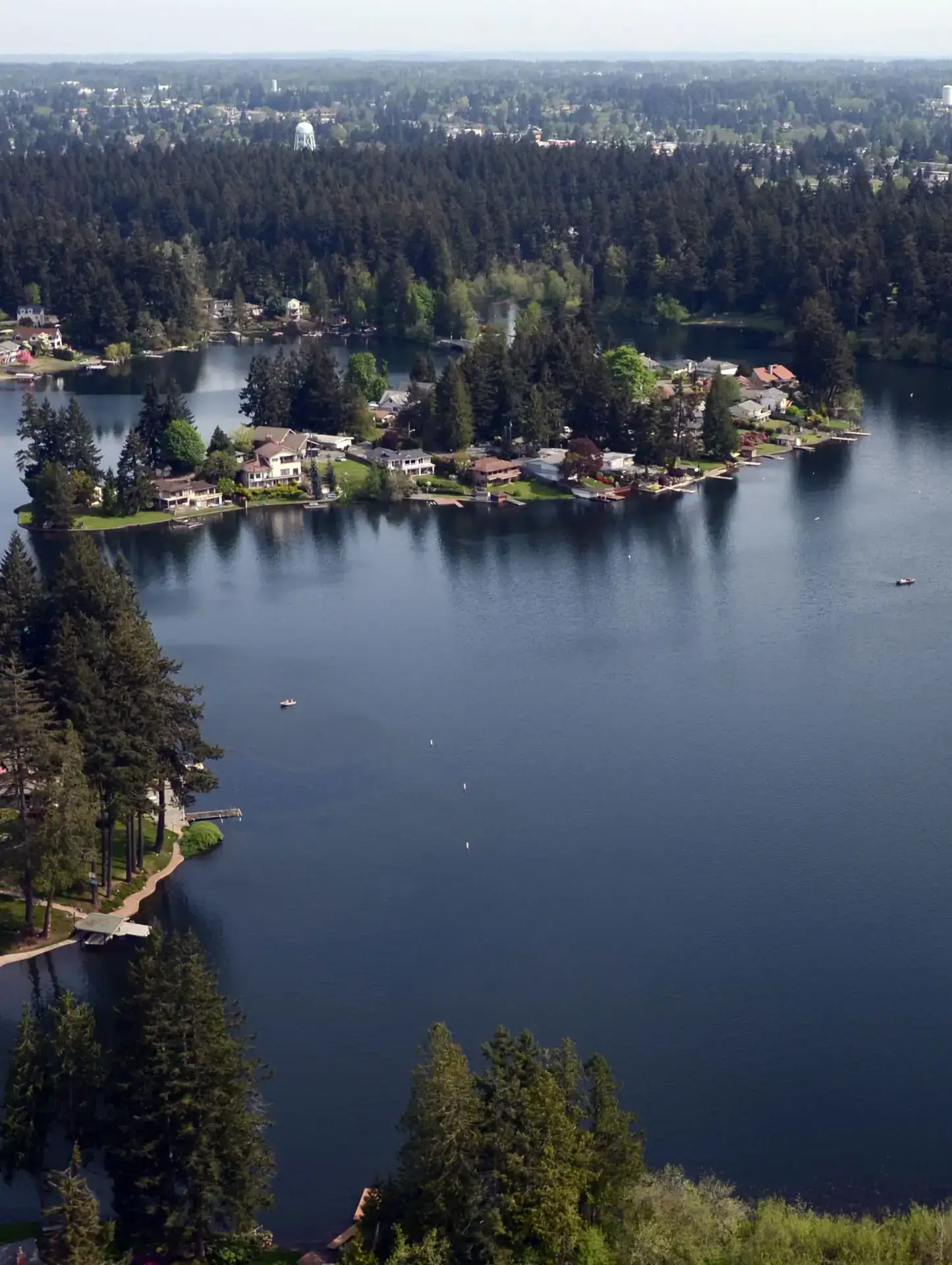 Aerial view of Spanaway Lake in Spanaway, Washington