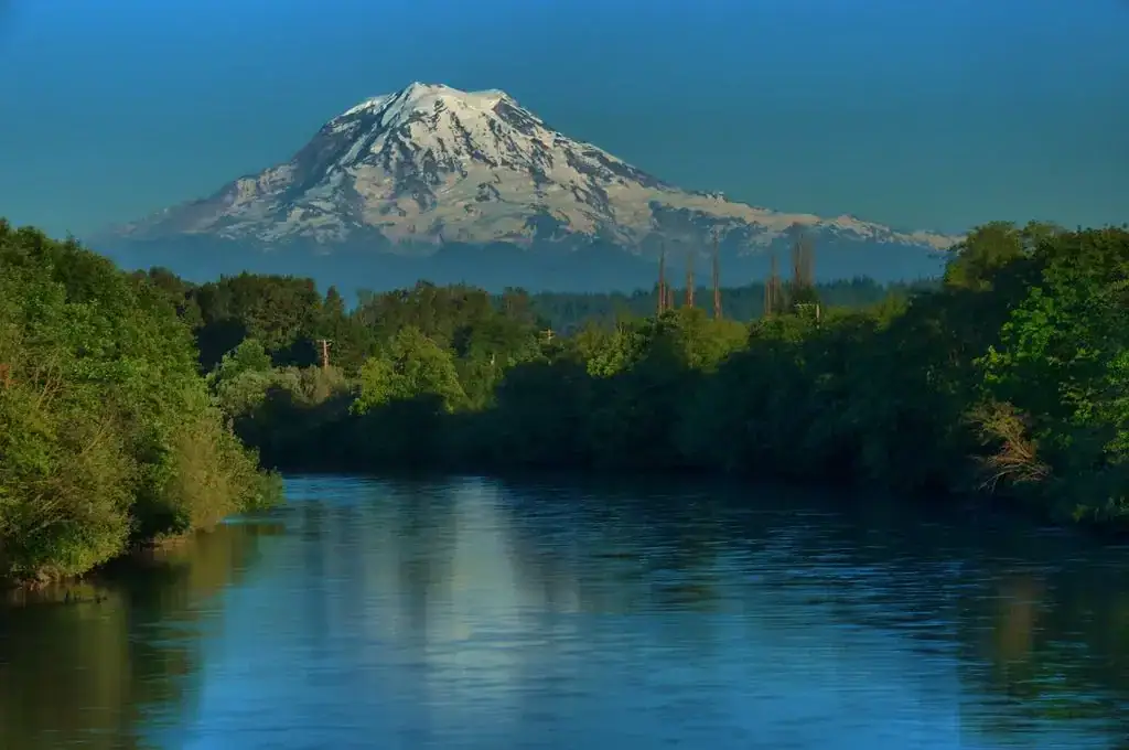Mount Rainier beyond the Puyallup River