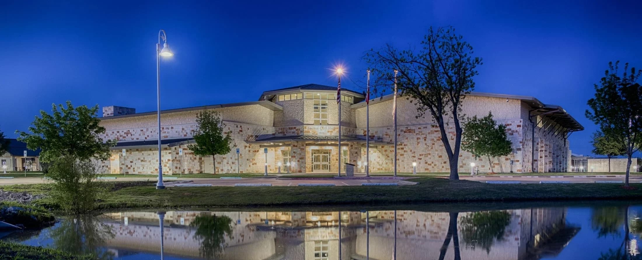 Sachse City Hall at dusk in Sachse, Texas