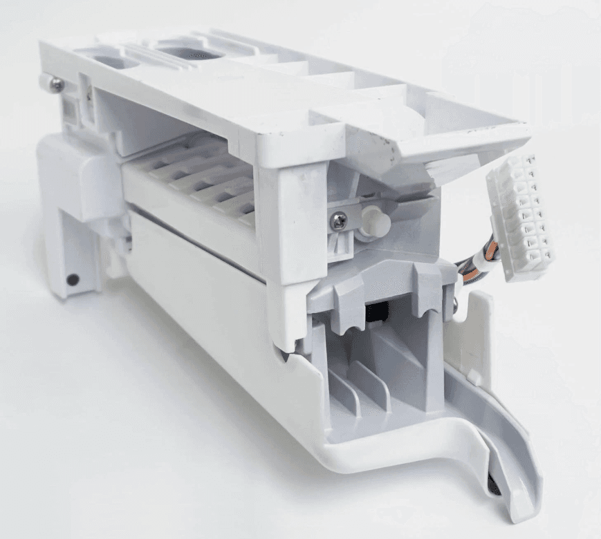 Samsung refrigerator ice maker assembly installed inside a freezer compartment