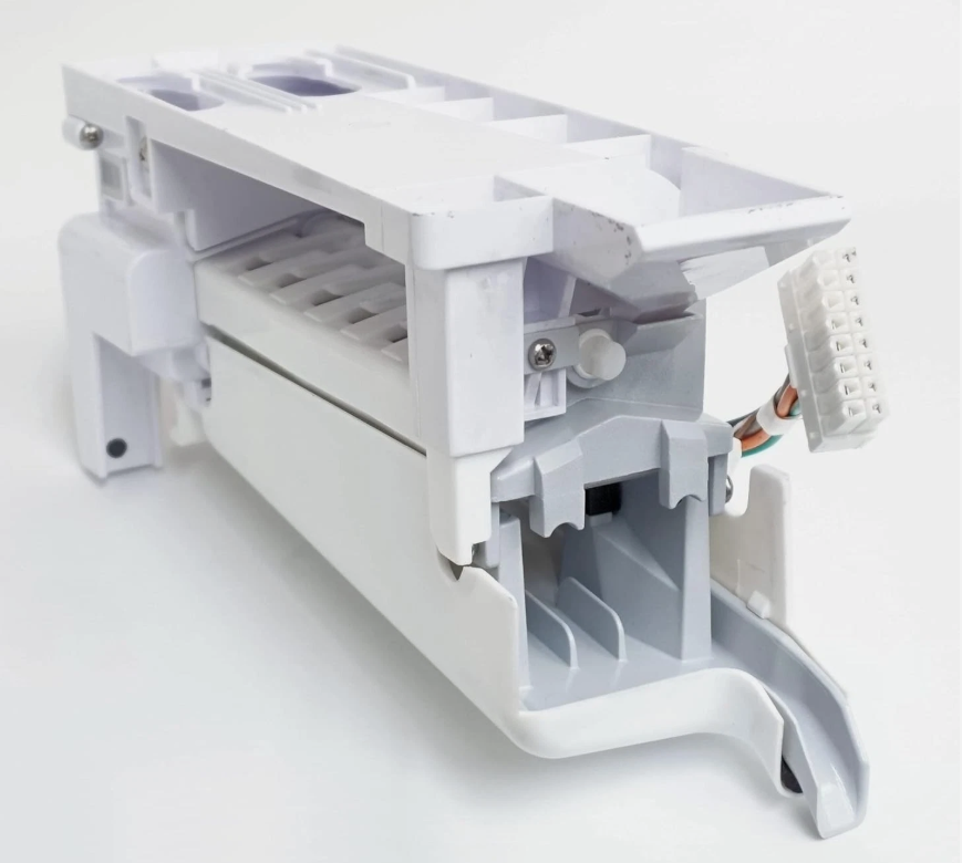 Samsung refrigerator ice maker assembly installed inside freezer compartment